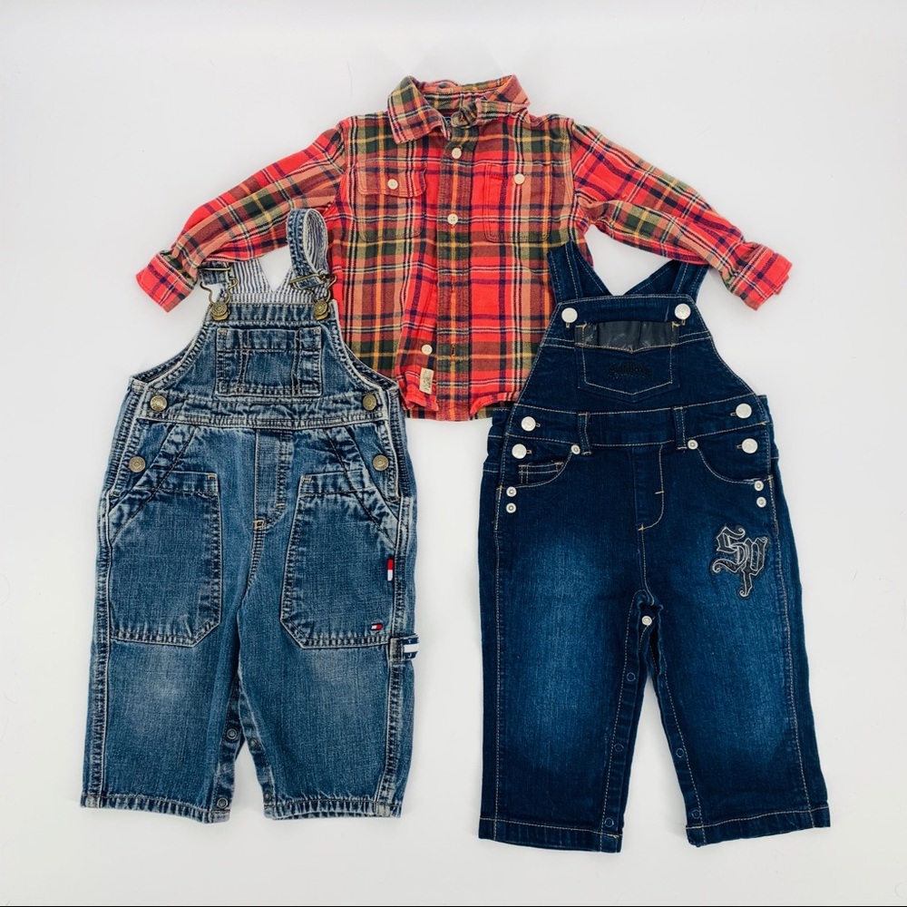 Designer Lot 6-12 Months Boys 2 Overalls 1 Shirt - Picture 1 of 9
